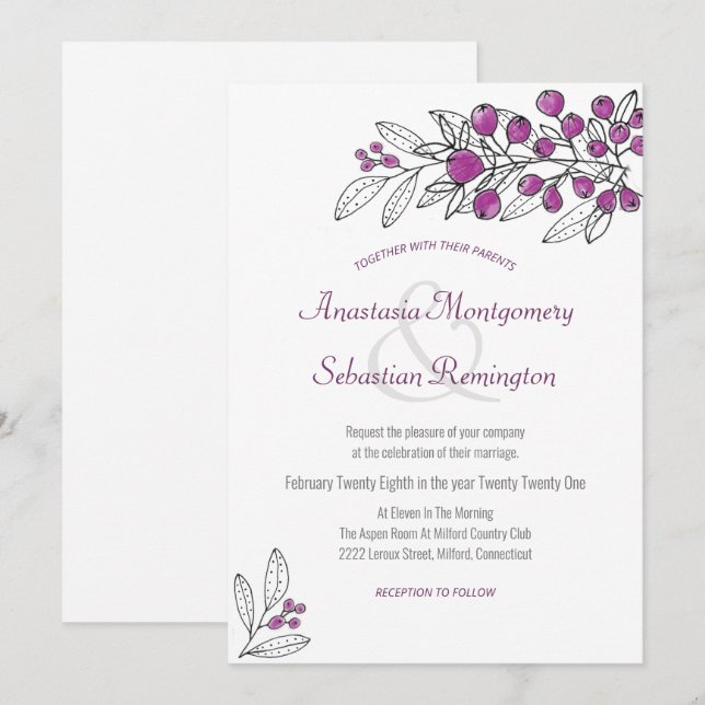 Minimalist Purple Berry Leaf Wedding Invitation (Front/Back)