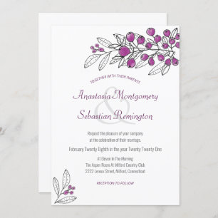 Minimalist Purple Berry Leaf Wedding Invitation