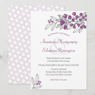 Minimalist Purple Berry Leaf Wedding Invitation