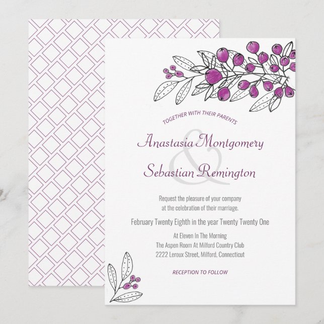 Minimalist Purple Berry Leaf Wedding Invitation (Front/Back)