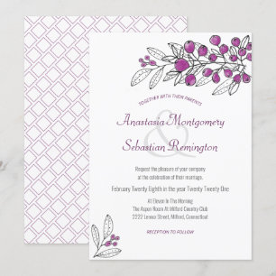 Minimalist Purple Berry Leaf Wedding Invitation