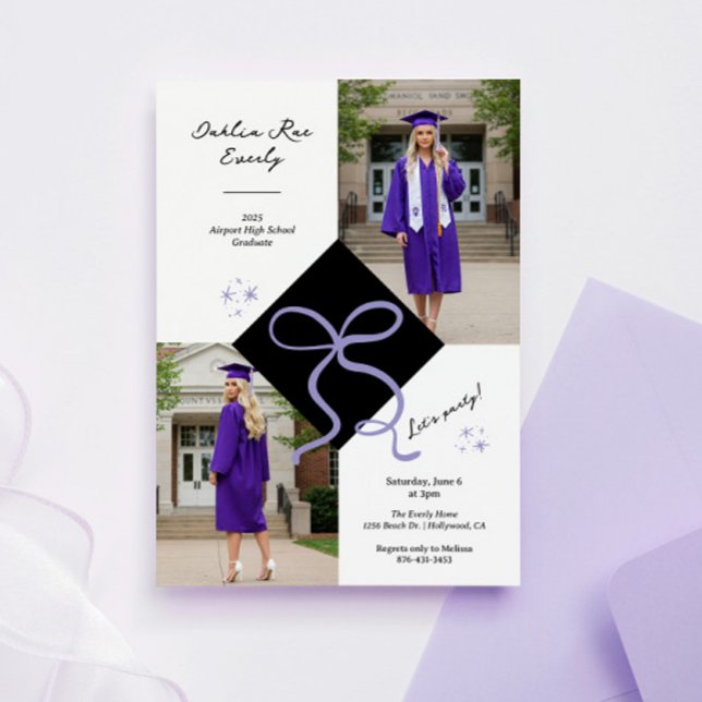 Minimalist Purple Cap and Bow Graduation Photo Invitation (Purple Cap and Bow Graduation Invitation)