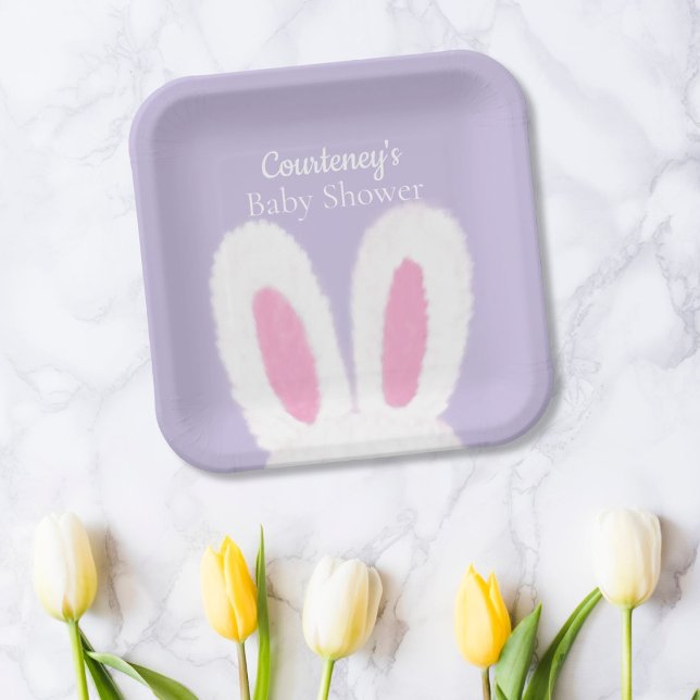 Minimalist Purple fluffy bunny baby shower Paper Plate (Creator Uploaded)