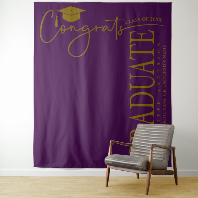 Minimalist Purple & Gold Congrats Graduate Tapestry (In Situ)