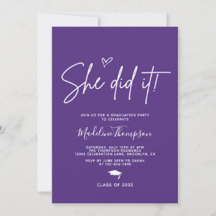 Minimalist Purple Heart She did it Graduation Invitation