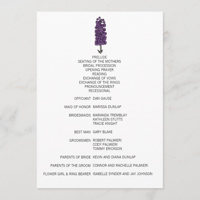 Minimalist Purple Larkspur Wedding Program (Front)