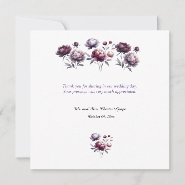 Minimalist Purple Peonies Wedding Thank You (Front)