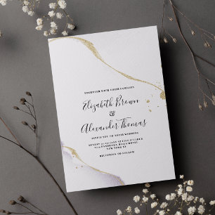 Minimalist purple watercolor gold glitter wedding invitation
