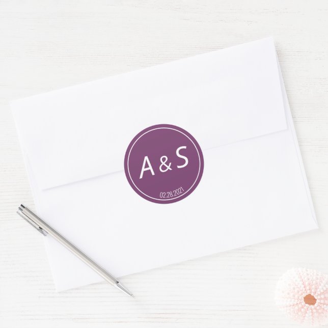 Minimalist Purple White Initials Date Wedding Classic Round Sticker (Envelope)