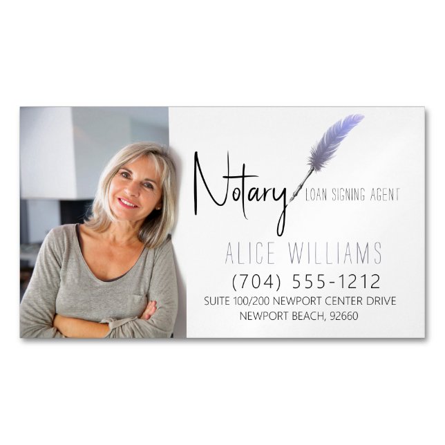 Minimalist Purple & White Notary Photo Magnetic Business Card (Front)