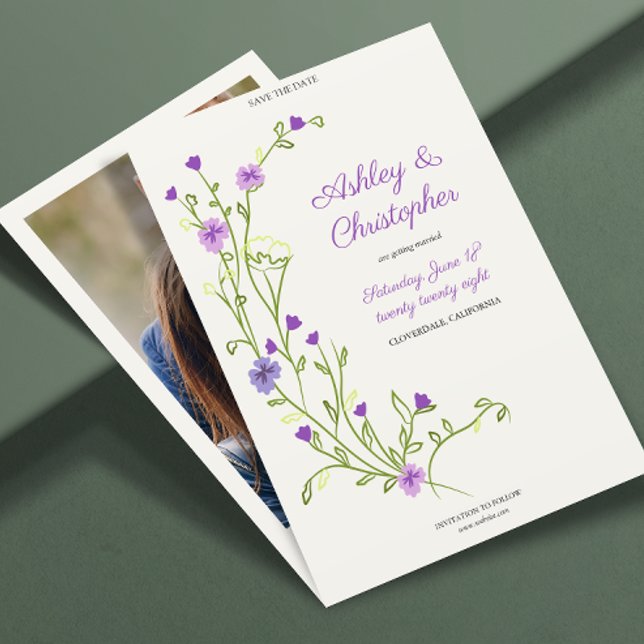 Minimalist Purple Wildflower Photo Wedding Save The Date (Creator Uploaded)