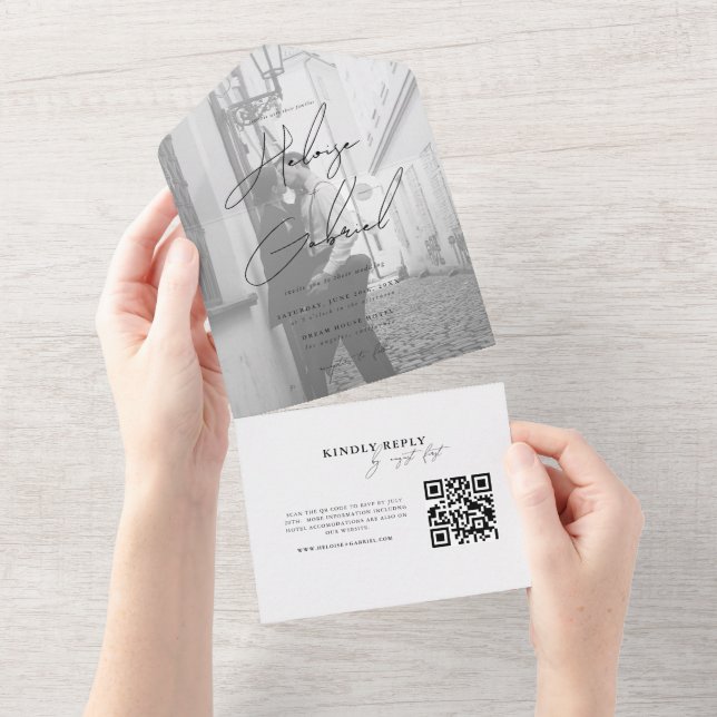 Minimalist QR Code All in one Photo Wedding  Invitation (Tearaway)
