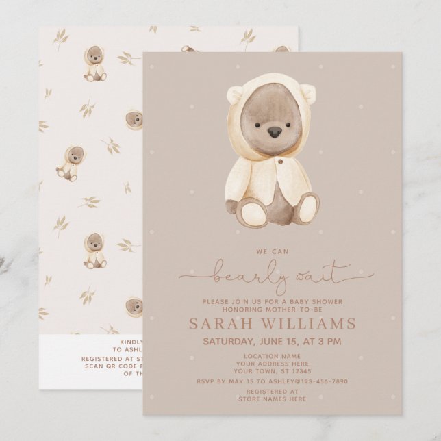 Minimalist QR Code Bearly Wait Neutral Baby Shower Invitation (Front/Back)