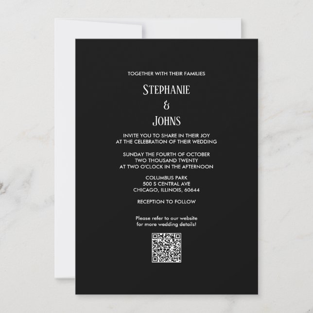 Minimalist QR Code Black White Script Wedding Invitation (Front)