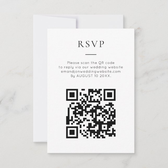 Minimalist QR Code Black White Wedding RSVP Card (Front)