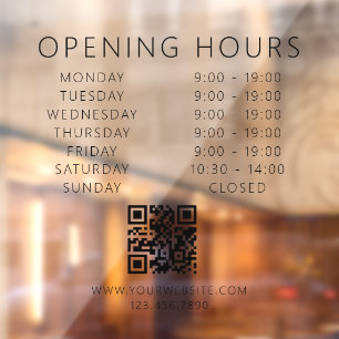 Minimalist QR Code Business Opening Hours Black  Window Cling