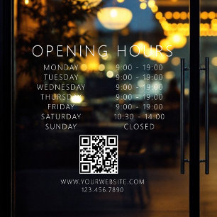 Minimalist QR Code Business Opening Hours White Window Cling