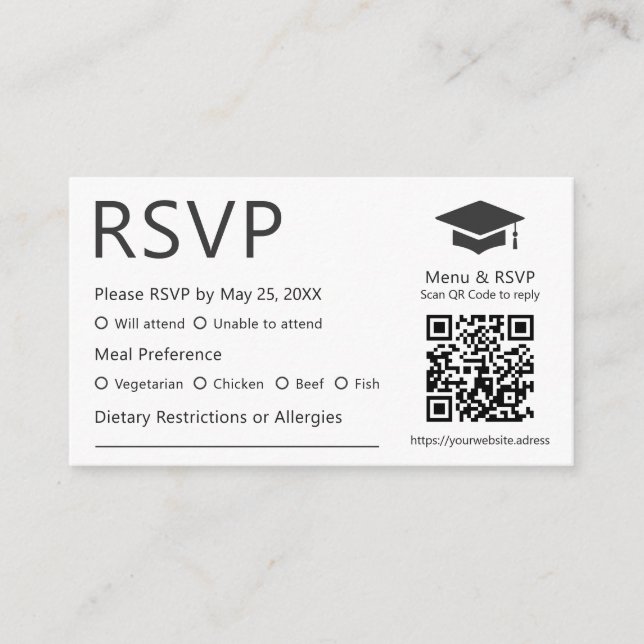 Minimalist QR Code Dietary Preference Grad RSVP Enclosure Card (Front)