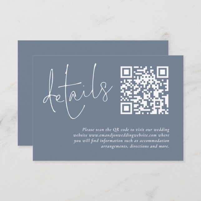 Minimalist QR Code Dusty Blue Wedding Details Enclosure Card (Front/Back)