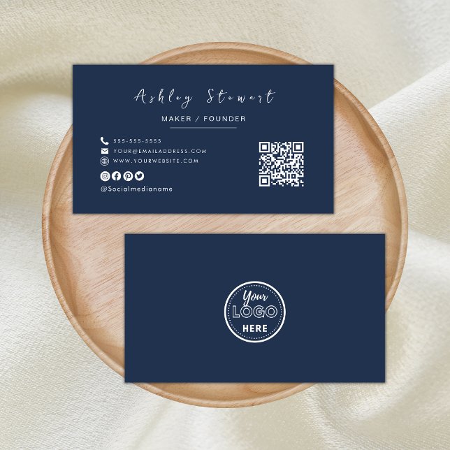 Minimalist Qr Code Professional Logo Navy Blue Business Card (Creator Uploaded)