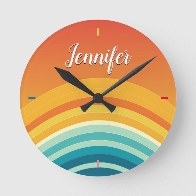 Minimalist Rainbow Custom Name Round Clock (Front)