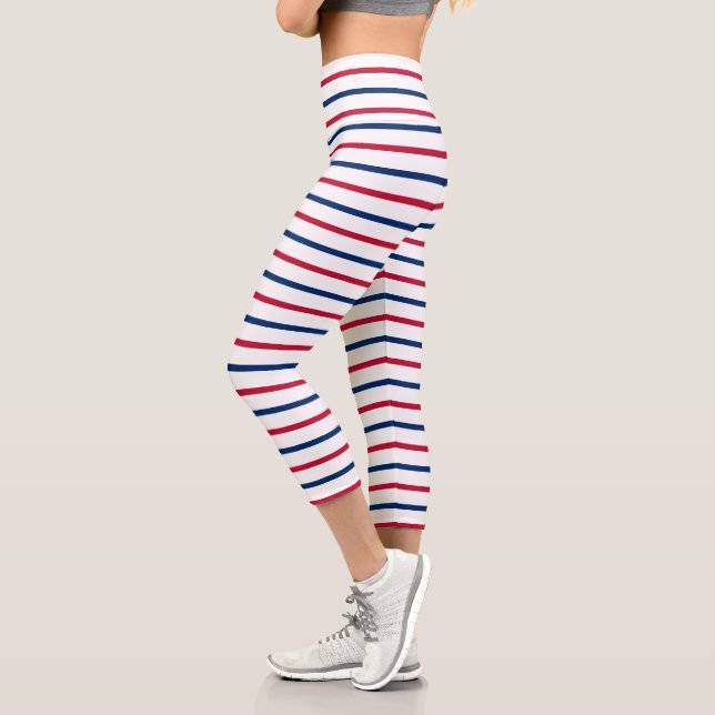 Minimalist Red and Blue Stripes Modern Pattern Capri Leggings (Left)