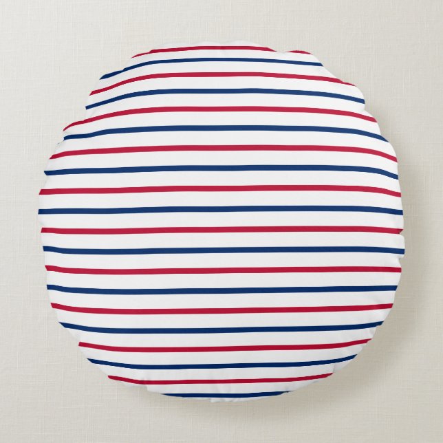 Minimalist Red and Blue Stripes Modern Pattern Round Pillow (Front)