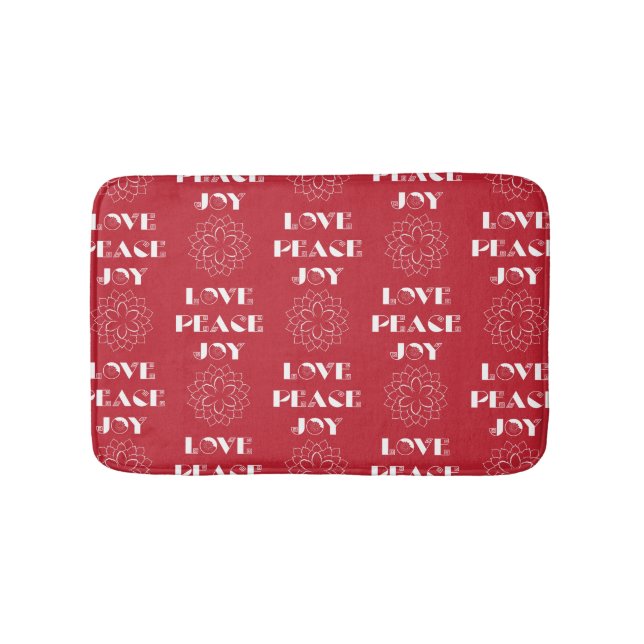 Minimalist Red and White Love, Peace, Joy Bath Mat (Front)