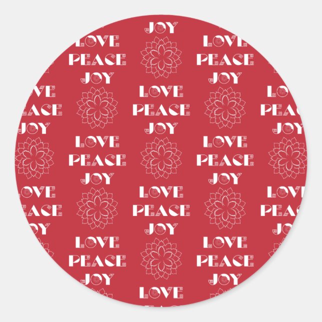 Minimalist Red and White Love, Peace, Joy Classic Round Sticker (Front)