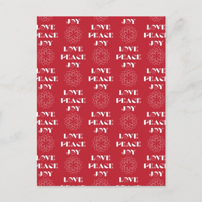 Minimalist Red and White Love, Peace, Joy Holiday Postcard (Front)