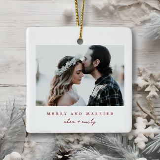 Minimalist Red and White - Merry and Married Photo Ceramic Ornament
