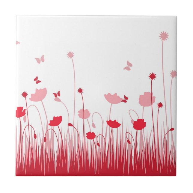 Minimalist Red and White Poppies Meadow Floral Tile (Front)