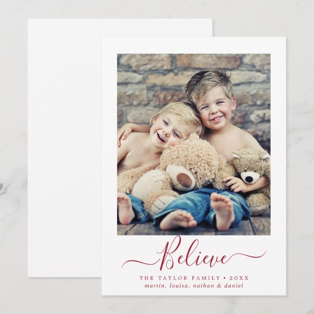 Minimalist Red Believe Religious Portrait Photo Holiday Card (Front/Back)