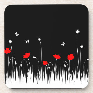 Minimalist Red Black and White Poppies Meadow Bold Coaster