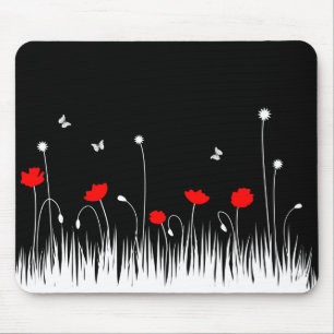 Minimalist Red Black and White Poppies Meadow Bold Mouse Pad