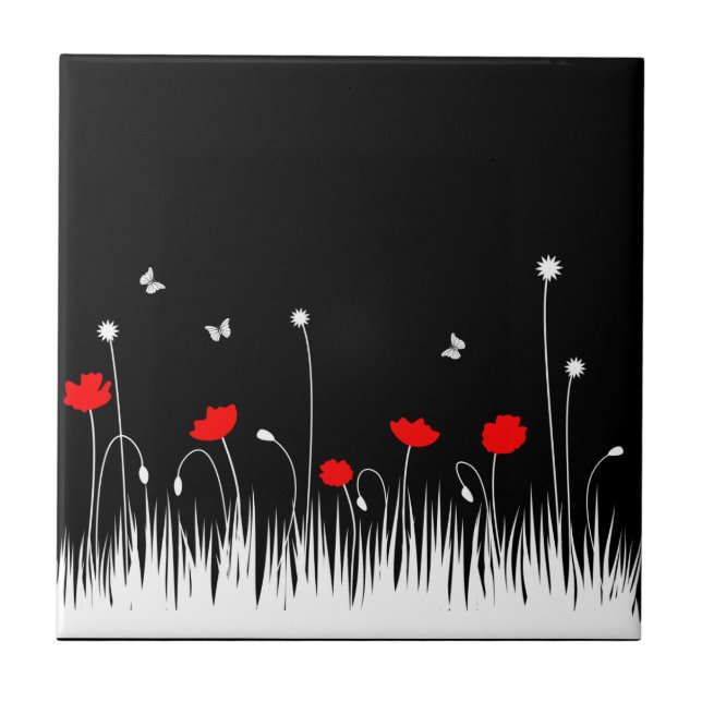 Minimalist Red Black and White Poppies Meadow Bold Tile (Front)