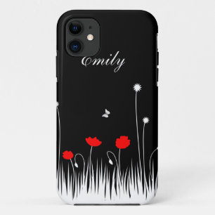 Minimalist Red Black and White Poppies Meadow Name iPhone 11 Case