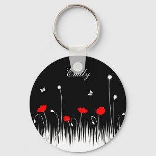Minimalist Red Black and White Poppies Meadow Name Keychain