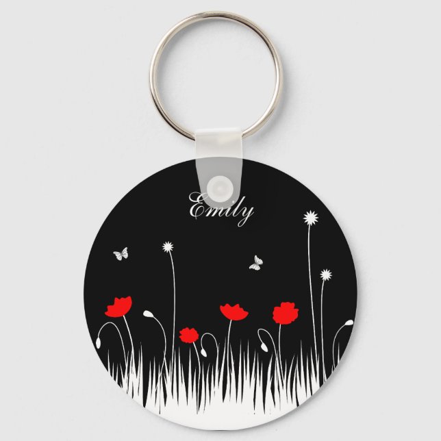 Minimalist Red Black and White Poppies Meadow Name Keychain (Front)