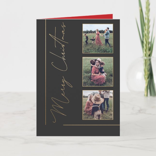 Minimalist Red Black Gold Text Photo Christmas Holiday Card (Front)