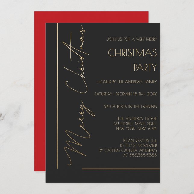 Minimalist Red Black Gold Typography Christmas Invitation (Front/Back)