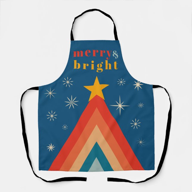 Minimalist Red & Blue Retro Groovy Christmas Apron (Front)