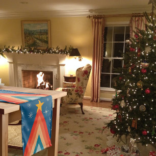 Minimalist Red & Blue Retro Groovy Christmas Tree  Medium Table Runner