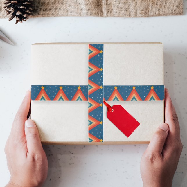 Minimalist Red & Blue Retro Groovy Christmas Tree Satin Ribbon (Creator Uploaded)