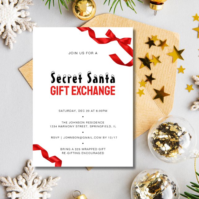 Minimalist Red Bow Secret Santa Gift Exchange Invitation (Minimalist Red Bow Secret Santa Gift Exchange Invitation)