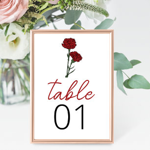Minimalist Red Carnations Wedding Table Number