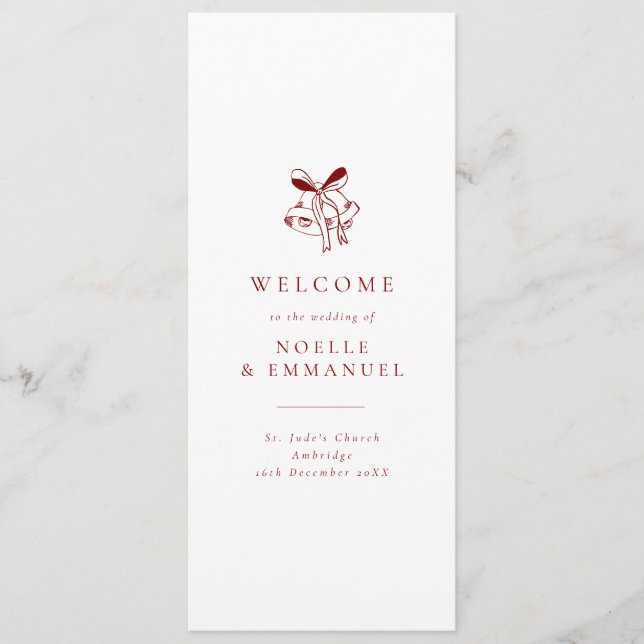 Minimalist Red Christmas Bells Winter Wedding Program (Front)