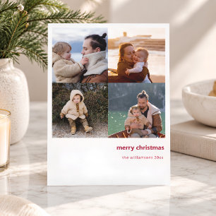 Minimalist Red Christmas Bold Four Photo Grid Holiday Card