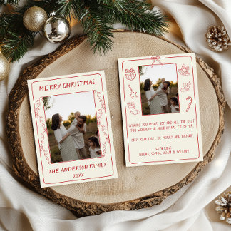Minimalist Red Christmas Lights Family Photo Holiday Card