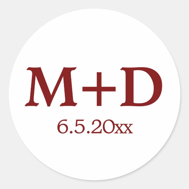 Minimalist Red Couple Initials & Date Classic Round Sticker (Front)